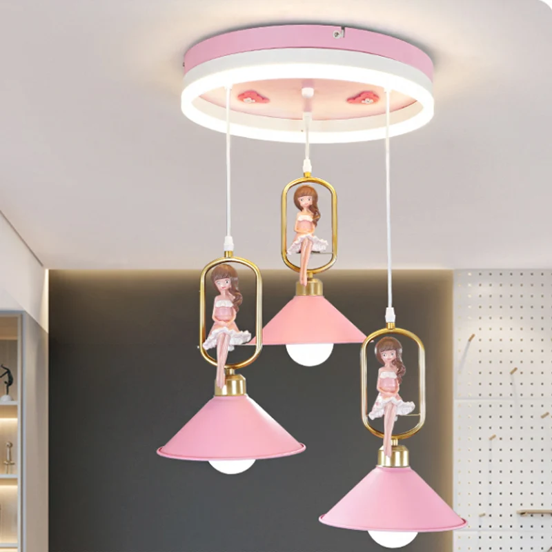 Kit de suspension en forme de cloche métallique, lampe suspendue à 3 ampoules de dessin animé avec décor de fille en rose...