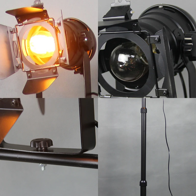 Lampadaire industriel à 2 lumières avec trépied en métal, noir/noir et rouge, lampe sur pied pour salon Clearhalo