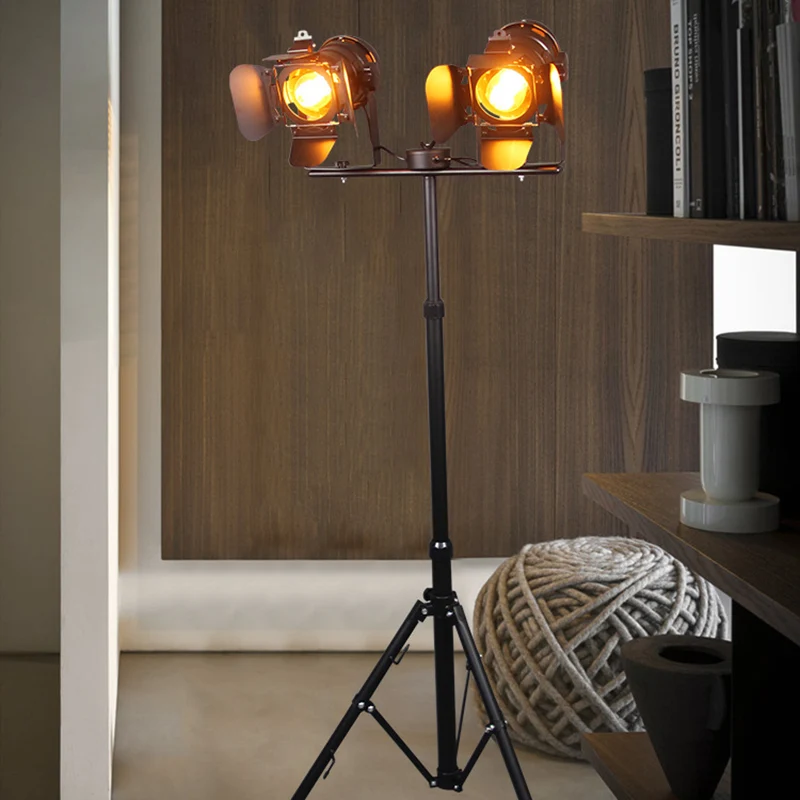 Lampadaire industriel à 2 lumières avec trépied en métal, noir/noir et rouge, lampe sur pied pour salon Clearhalo
