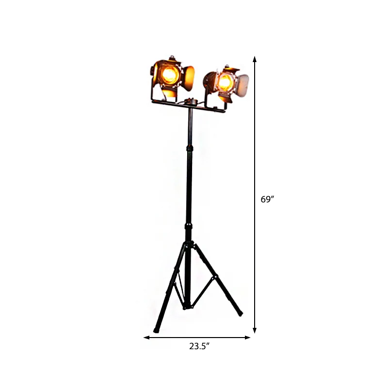 Lampadaire industriel à 2 lumières avec trépied en métal, noir/noir et rouge, lampe sur pied pour salon Clearhalo