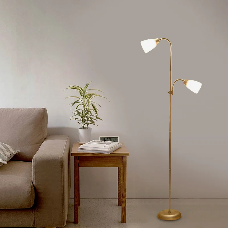 Lampadaire de lecture trompette simplicité acrylique 2 ampoules éclairage sur pied doré pour salle d'étude Clearhalo