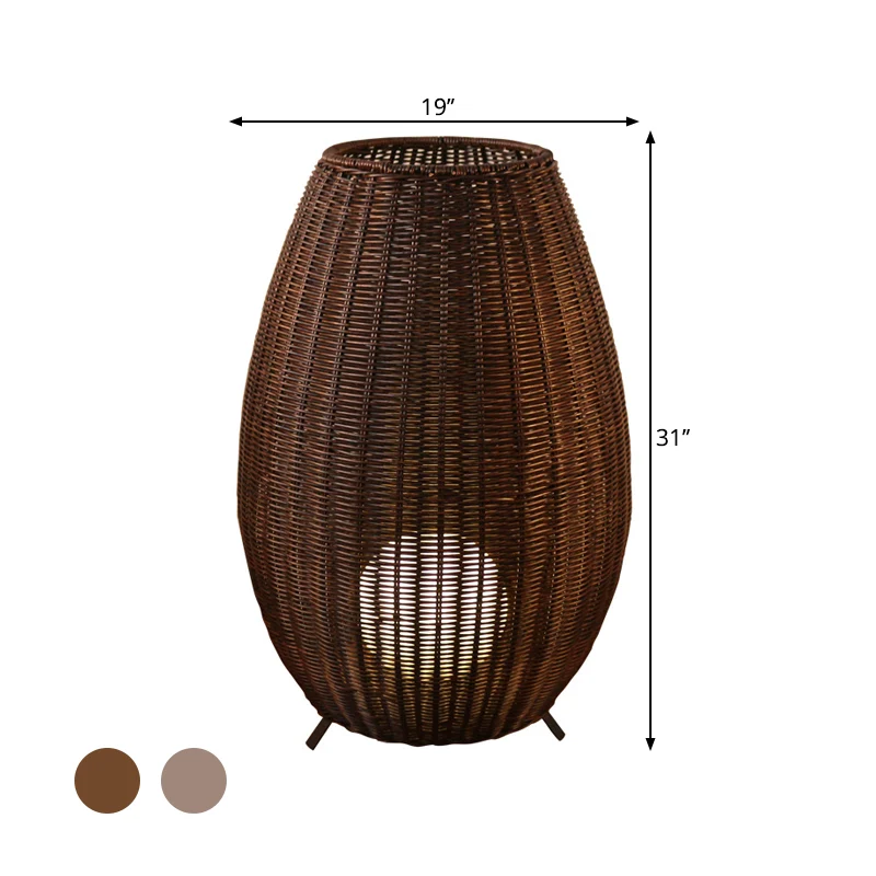 Lampadaire ovale tissé en rotin asiatique beige/marron avec abat-jour sphérique intérieur en acrylique Clearhalo