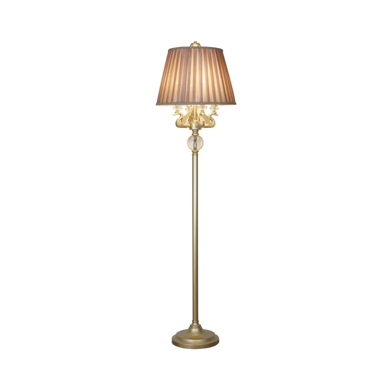 Lampadaire traditionnel en métal bronze à 4 têtes avec motif cygne et abat-jour en tissu plissé Clearhalo