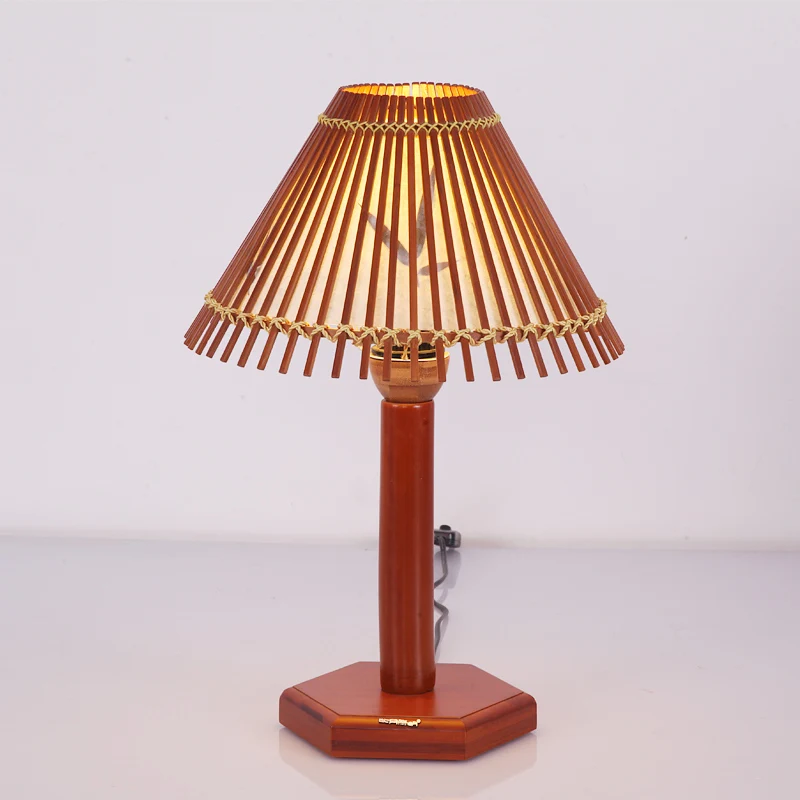 Lampe de bureau en bambou trompette asiatique, 1 ampoule, éclairage de travail rouge marron avec base en bois hexagonale C...