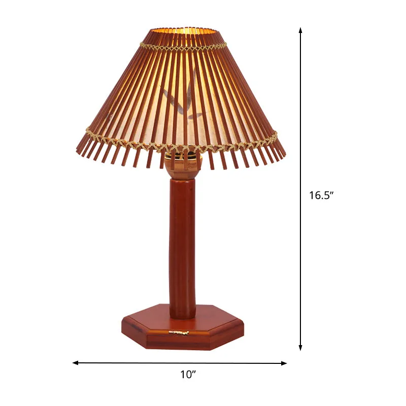 Lampe de bureau en bambou trompette asiatique, 1 ampoule, éclairage de travail rouge marron avec base en bois hexagonale C...