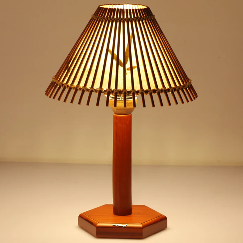Lampe de bureau en bambou trompette asiatique, 1 ampoule, éclairage de travail rouge marron avec base en bois hexagonale C...
