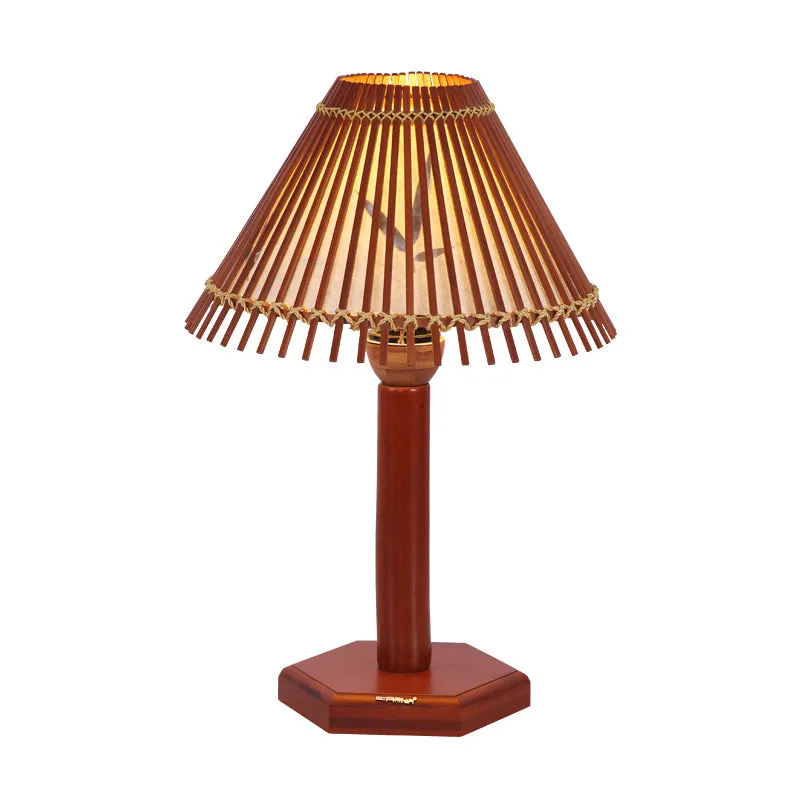 Lampe de bureau en bambou trompette asiatique, 1 ampoule, éclairage de travail rouge marron avec base en bois hexagonale C...