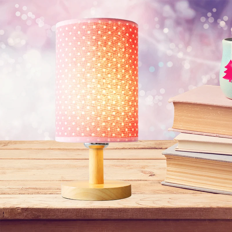 Lampe de bureau cylindrique pour enfants en tissu et bois 1 lampe de lecture rose clair pour chambre de fille Clearhalo