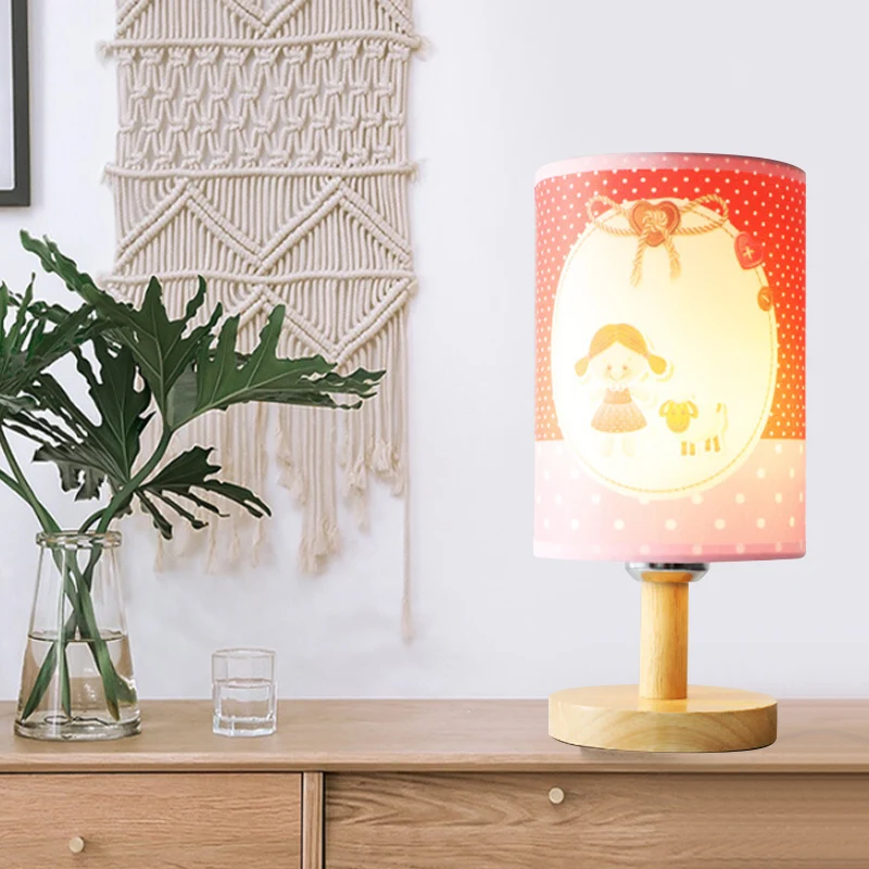 Lampe de bureau cylindrique pour enfants en tissu et bois 1 lampe de lecture rose clair pour chambre de fille Clearhalo