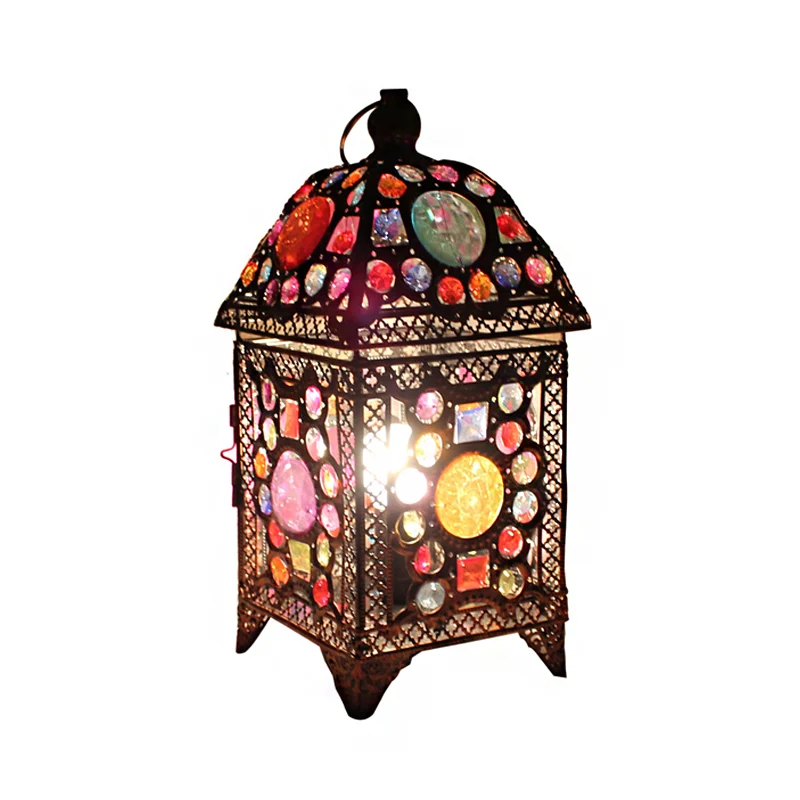 Lampe de bureau en fer forgé avec perles pour restaurant, 1 lampe de bureau marocaine multicolore en noir et rose Clearhalo