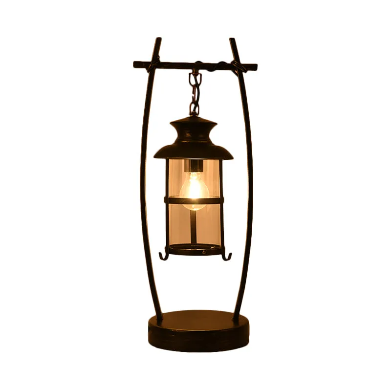 Lampe de bureau à 1 lumière en laiton, cadre ovale côtier, lampe de table en métal avec lanterne et abat-jour en verre tra...