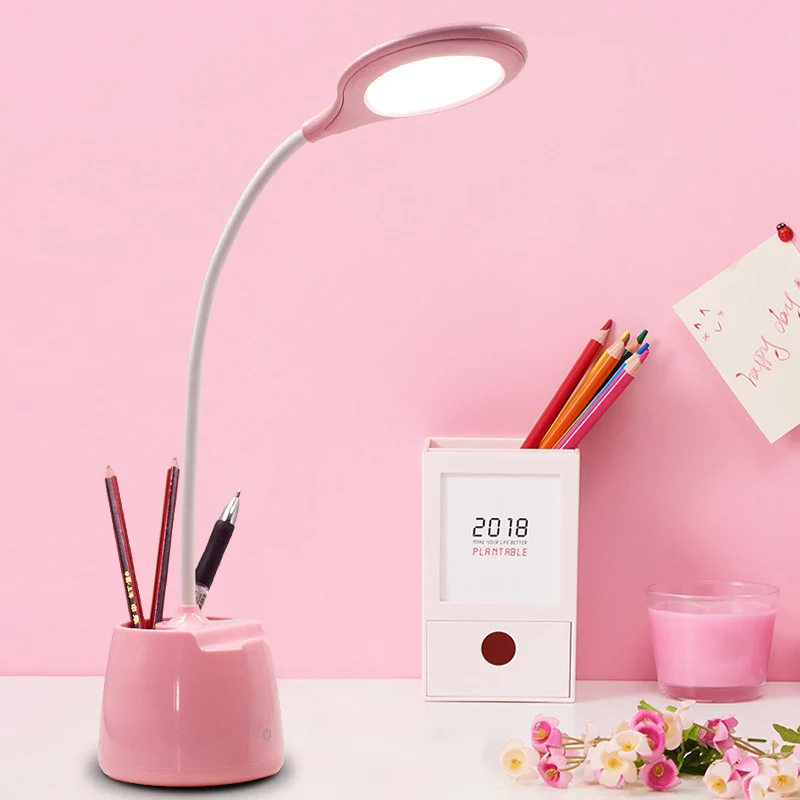 Lampe de bureau sur pied à abat-jour rond bleu/rose/blanc, lampe de lecture LED avec chargeur USB avec porte-stylo Clearhalo