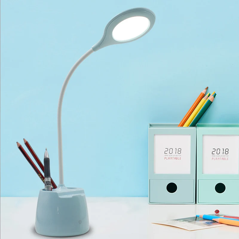 Lampe de bureau sur pied à abat-jour rond bleu/rose/blanc, lampe de lecture LED avec chargeur USB avec porte-stylo Clearhalo