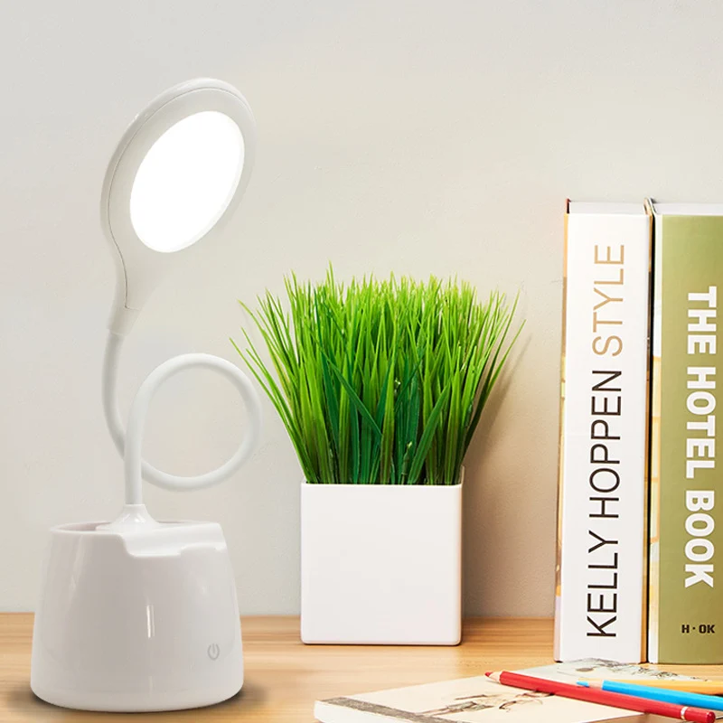 Lampe de bureau sur pied à abat-jour rond bleu/rose/blanc, lampe de lecture LED avec chargeur USB avec porte-stylo Clearhalo
