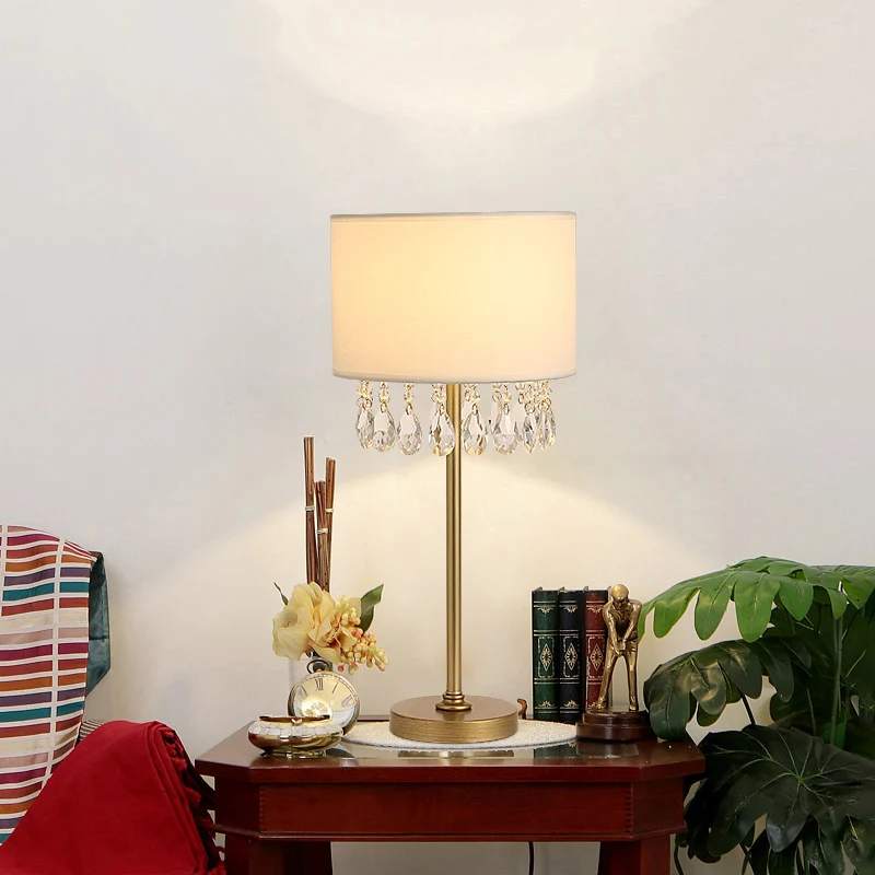 Lampe de bureau tambour blanche avec cristal clair, 1 ampoule, lampe de bureau traditionnelle en tissu pour chambre à couc...