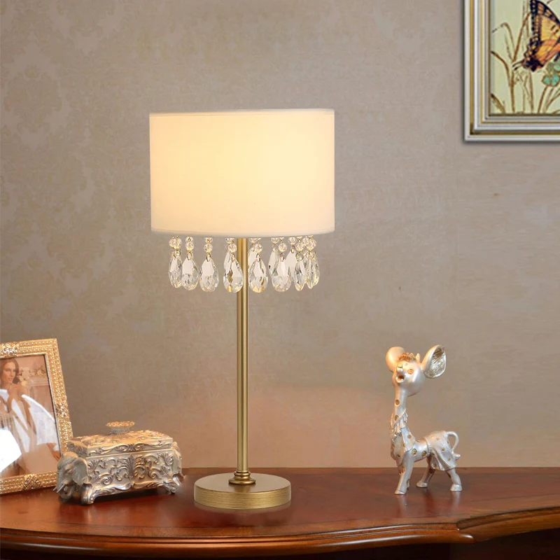 Lampe de bureau tambour blanche avec cristal clair, 1 ampoule, lampe de bureau traditionnelle en tissu pour chambre à couc...