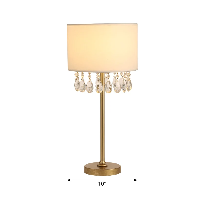 Lampe de bureau tambour blanche avec cristal clair, 1 ampoule, lampe de bureau traditionnelle en tissu pour chambre à couc...