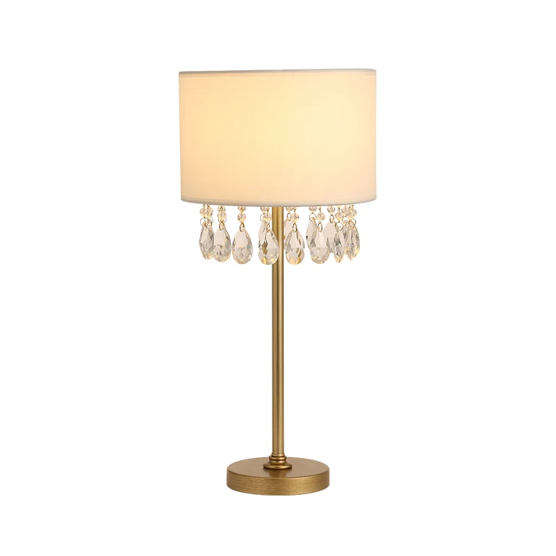 Lampe de bureau tambour blanche avec cristal clair, 1 ampoule, lampe de bureau traditionnelle en tissu pour chambre à couc...