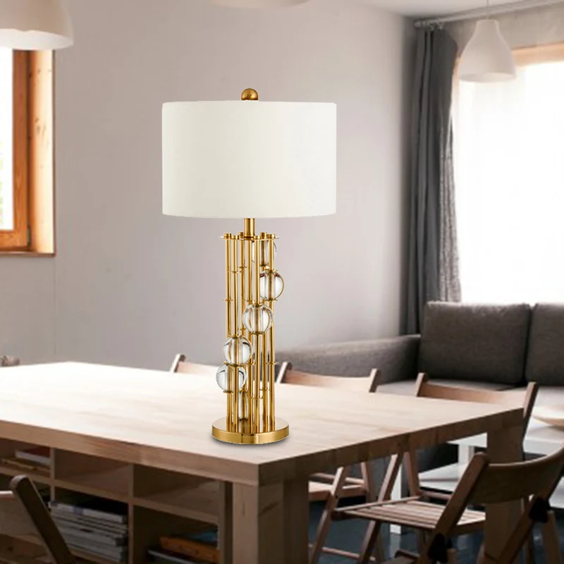 Lampe de bureau tambour en tissu modernisme, 1 ampoule, lampe de table de nuit blanche avec boule de cristal Clearhalo