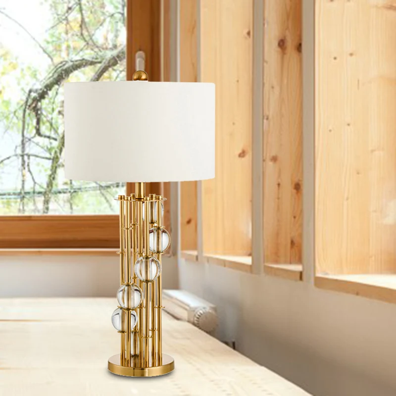 Lampe de bureau tambour en tissu modernisme, 1 ampoule, lampe de table de nuit blanche avec boule de cristal Clearhalo
