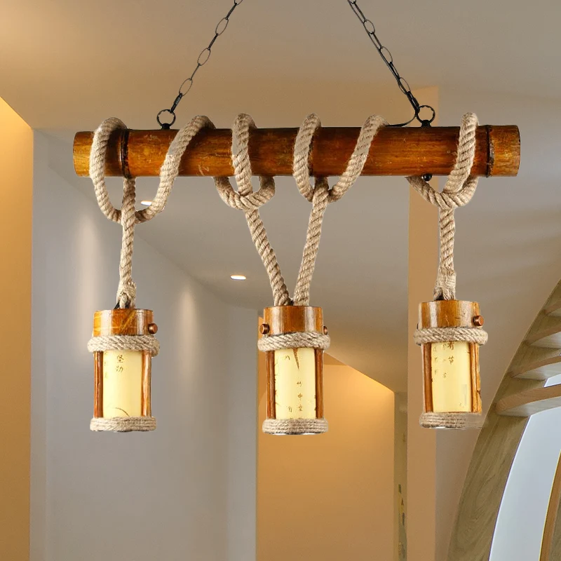 Lampe d'îlot en bambou avec corde suspendue, plafonnier rustique à Triple lumière pour Loft Clearhalo