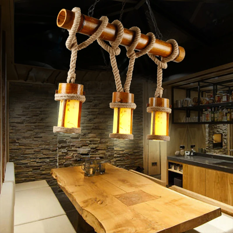 Lampe d'îlot en bambou avec corde suspendue, plafonnier rustique à Triple lumière pour Loft Clearhalo