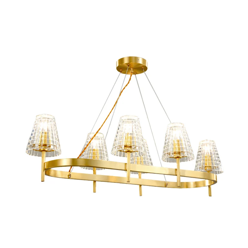 Lampe d'îlot conique en cristal quadrillé, suspension traditionnelle de salle à manger à 6 ampoules en or Clearhalo