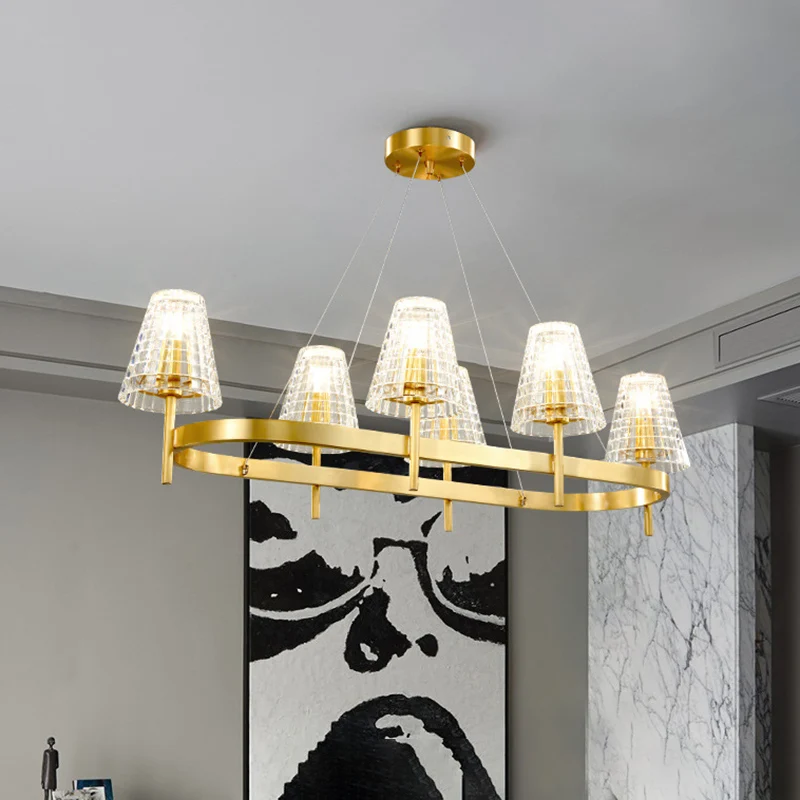Lampe d'îlot conique en cristal quadrillé, suspension traditionnelle de salle à manger à 6 ampoules en or Clearhalo