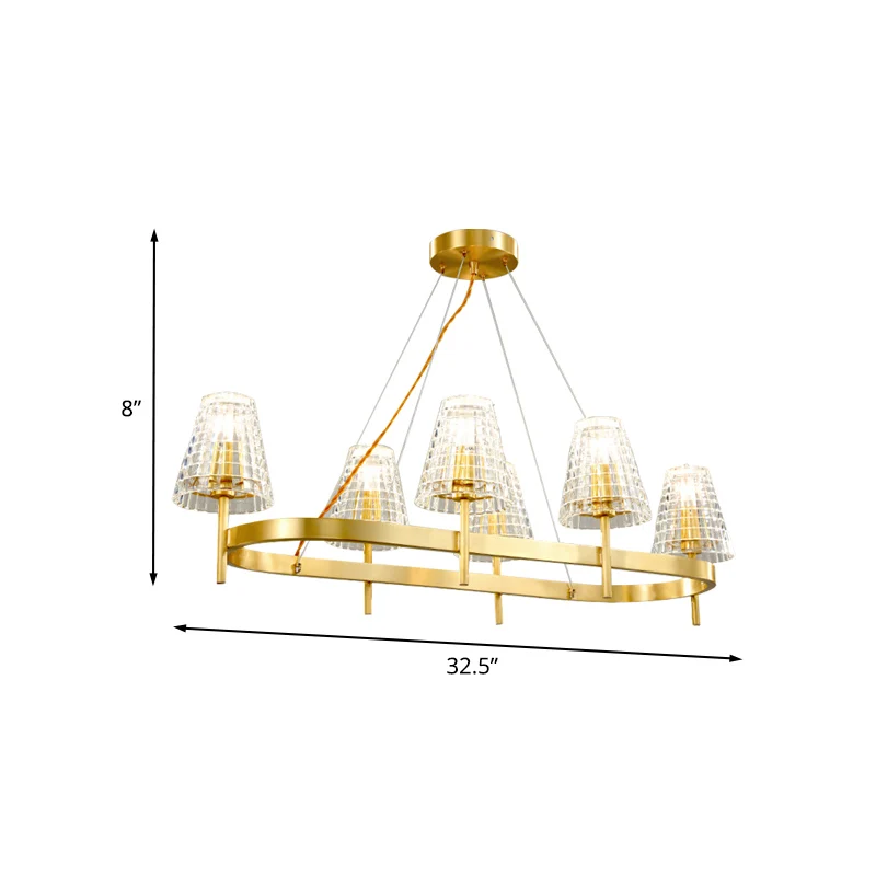 Lampe d'îlot conique en cristal quadrillé, suspension traditionnelle de salle à manger à 6 ampoules en or Clearhalo
