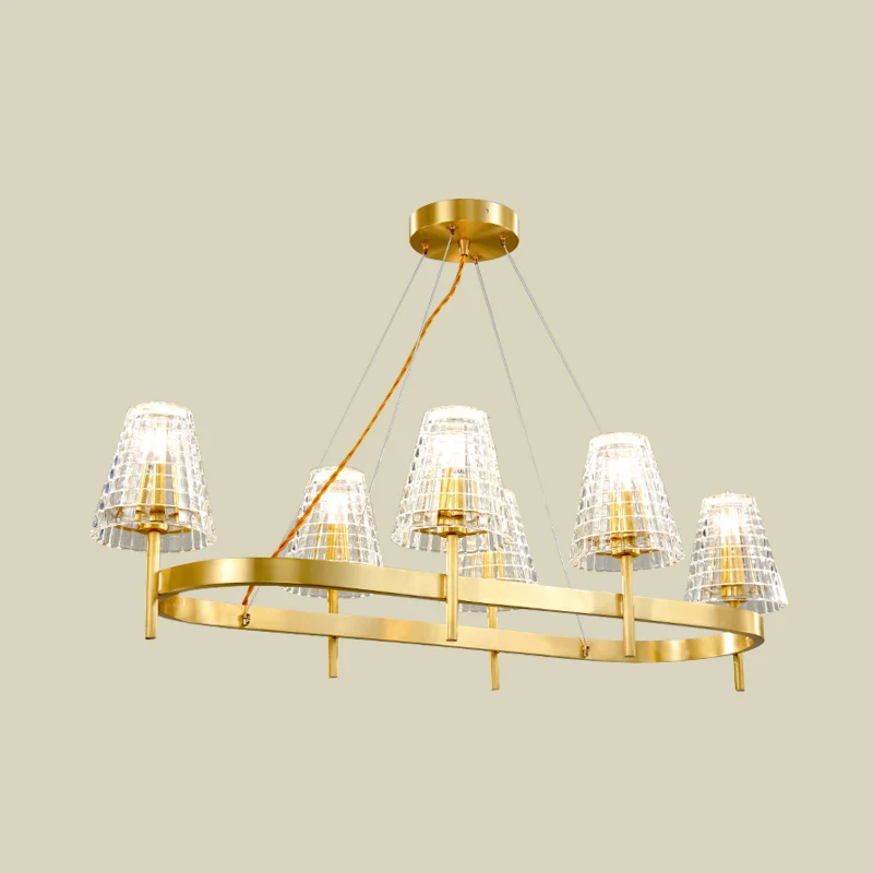 Lampe d'îlot conique en cristal quadrillé, suspension traditionnelle de salle à manger à 6 ampoules en or Clearhalo