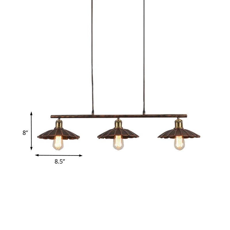 Lampe d'îlot en métal à bords festonnés, style antique, éclairage suspendu à 3 têtes pour table de salle à manger, rouille...