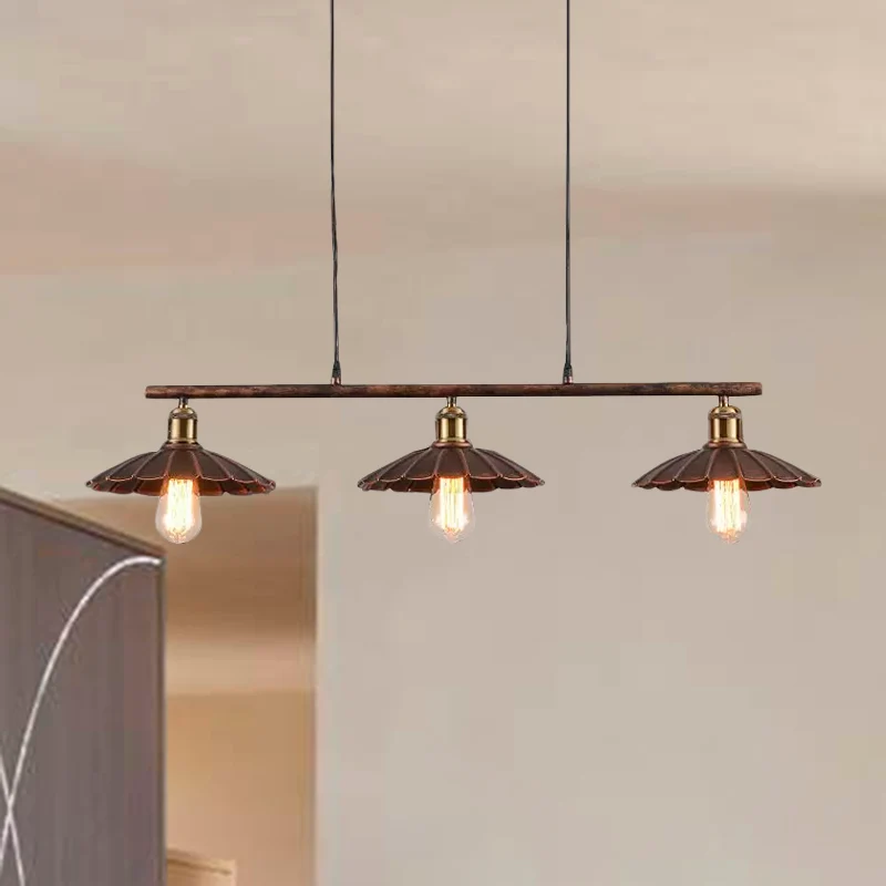 Lampe d'îlot en métal à bords festonnés, style antique, éclairage suspendu à 3 têtes pour table de salle à manger, rouille...