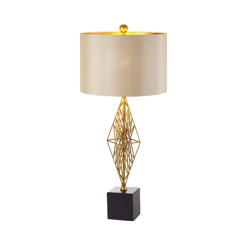 Lampe d'étude à tambour traditionnelle, éclairage de travail en tissu à 1 lumière en or pour chambre à coucher avec base g...
