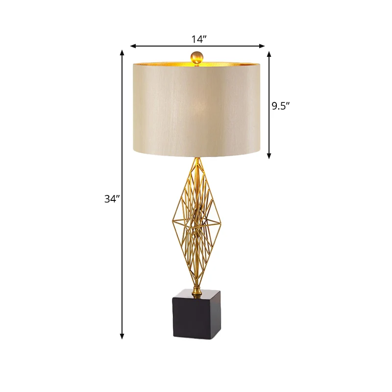 Lampe d'étude à tambour traditionnelle, éclairage de travail en tissu à 1 lumière en or pour chambre à coucher avec base g...