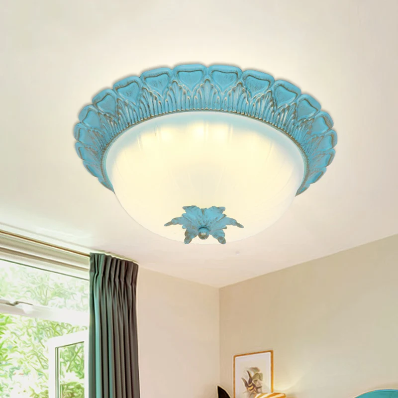 Lampe encastrée en forme de dôme pour chambre à coucher, verre laiteux pastoral romantique, éclairage de plafond bleu LED...