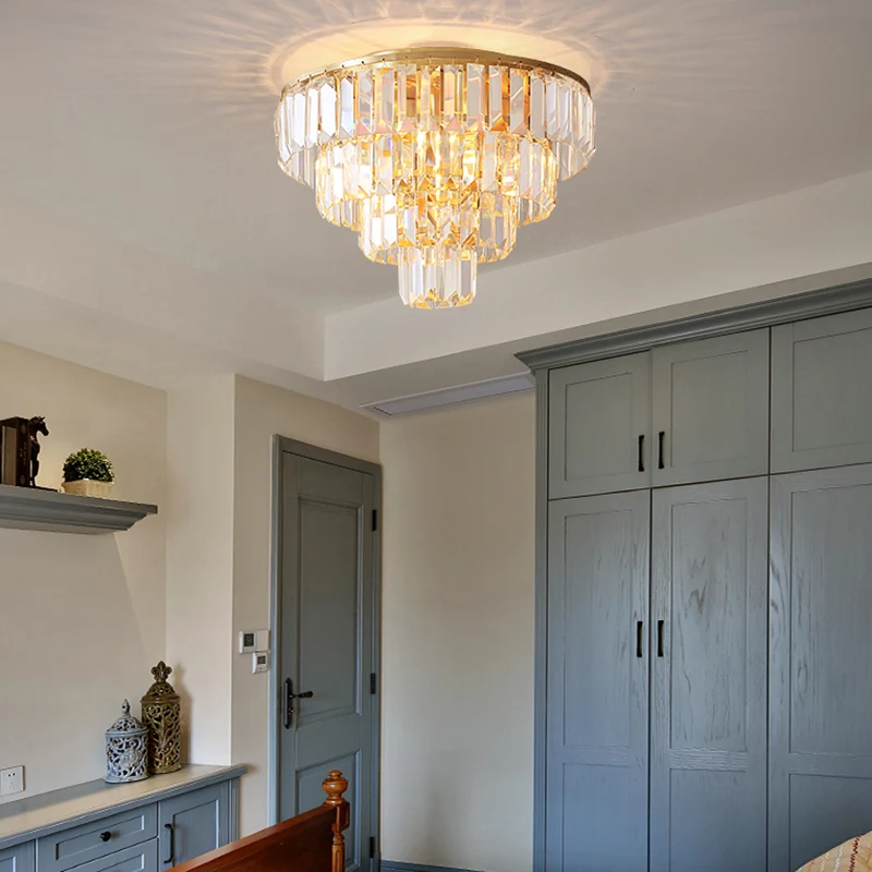 Lampe encastrée à plusieurs niveaux de 16"/19,5" de diamètre avec bloc de cristal, plafonnier vintage à 5/6 têtes en or Cl...