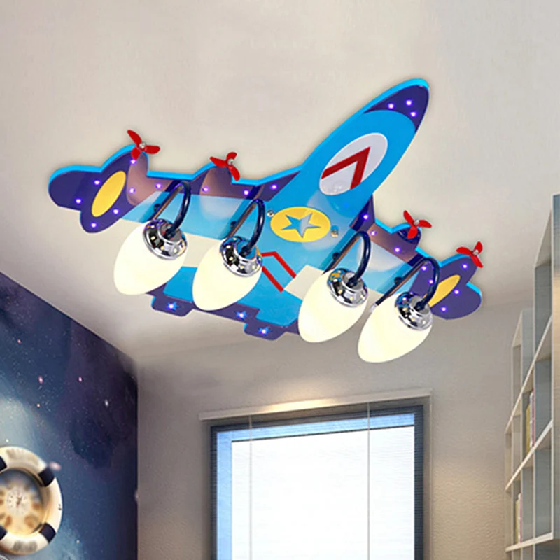 Lampe encastrée pour chambre à coucher à 4 ampoules, plafonnier plan bleu pour enfant avec abat-jour en verre opale Ellips...