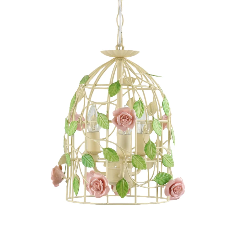 Lampe goutte en fer beige, vigne rose enroulée autour d'une cage à oiseaux, lustre de campagne à 3 lumières Clearhalo