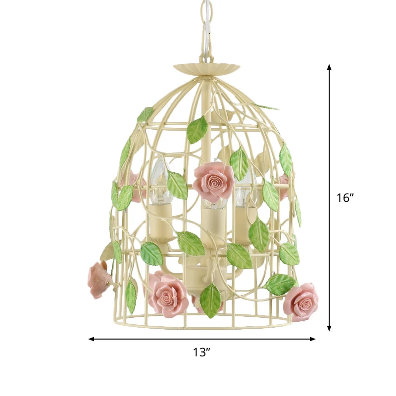 Lampe goutte en fer beige, vigne rose enroulée autour d'une cage à oiseaux, lustre de campagne à 3 lumières Clearhalo