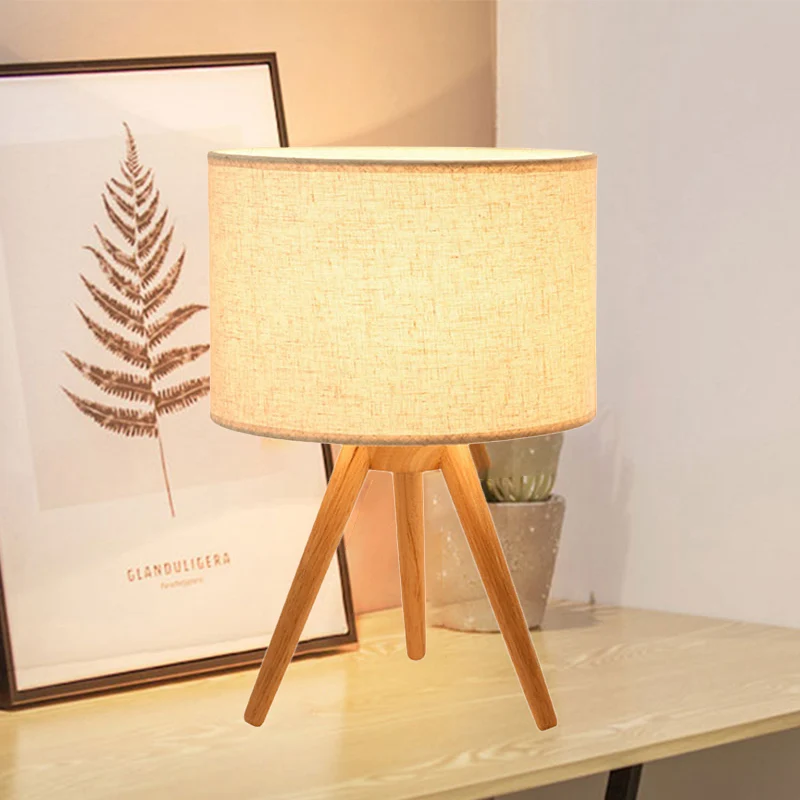 Lampe de lecture à LED en tissu d'éclairage de tâche de cylindre contemporain avec trépied en bois Clearhalo
