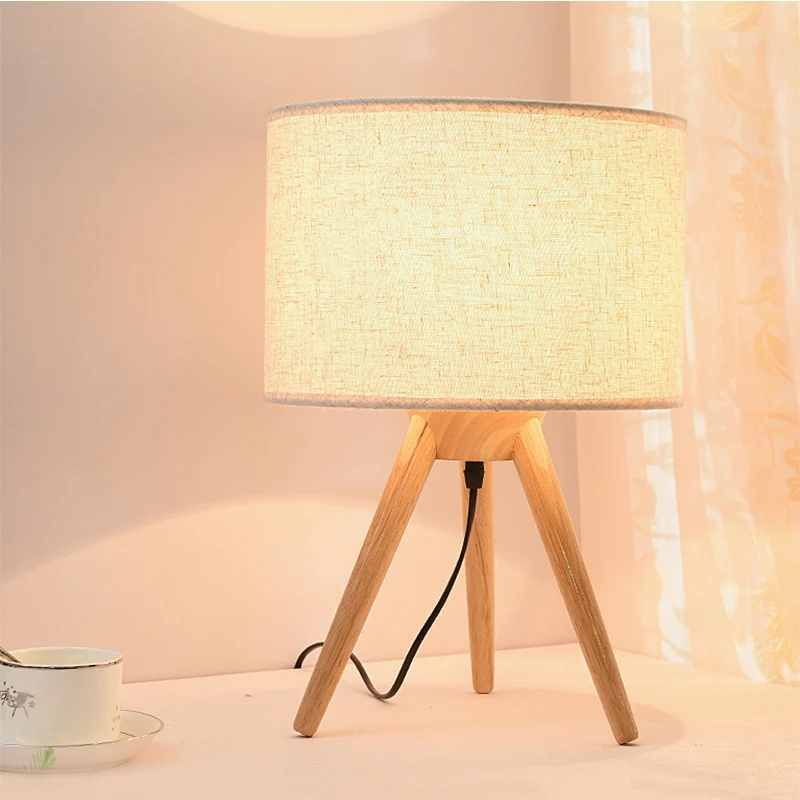 Lampe de lecture à LED en tissu d'éclairage de tâche de cylindre contemporain avec trépied en bois Clearhalo