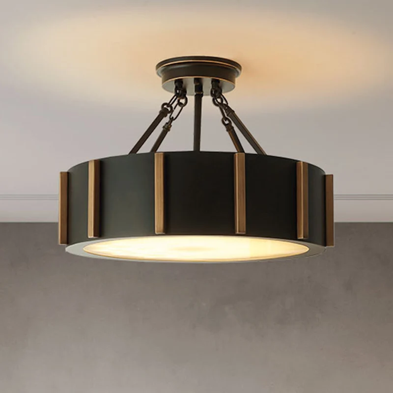 Lampe LED semi-encastrée à tambour rustique noir métallique proche du plafond, lumière chaude Clearhalo