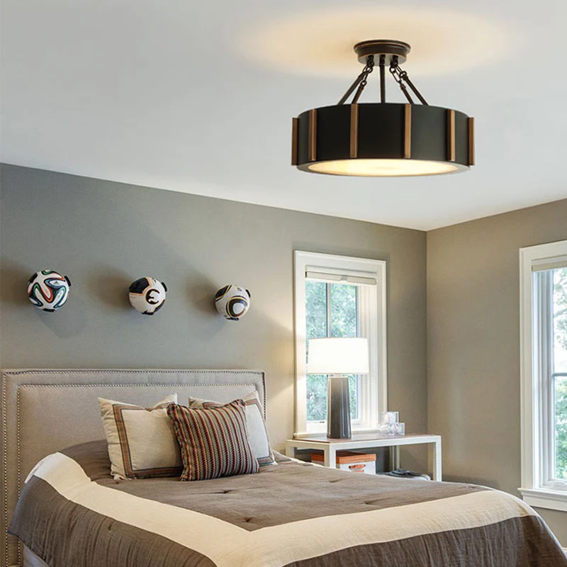 Lampe LED semi-encastrée à tambour rustique noir métallique proche du plafond, lumière chaude Clearhalo