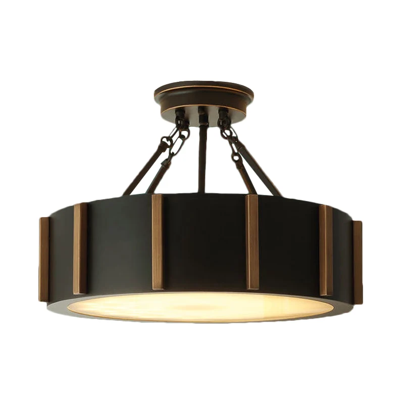 Lampe LED semi-encastrée à tambour rustique noir métallique proche du plafond, lumière chaude Clearhalo
