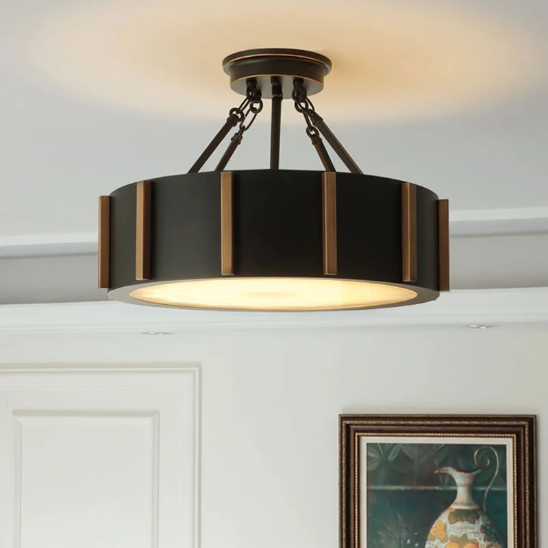 Lampe LED semi-encastrée à tambour rustique noir métallique proche du plafond, lumière chaude Clearhalo