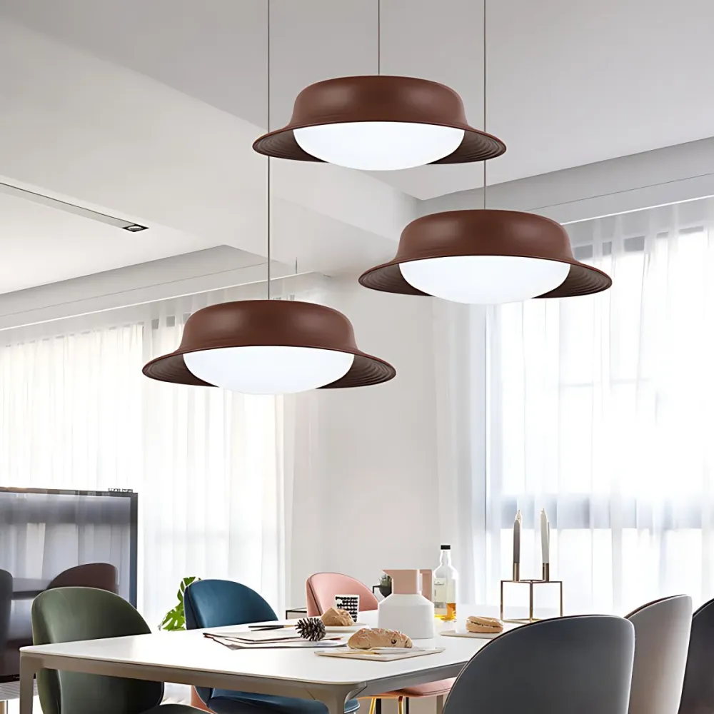 Lampe LED suspendue en forme de chapeau, luminaire moderne en métal, idéal pour une salle à manger, blanc/marron Clearhalo