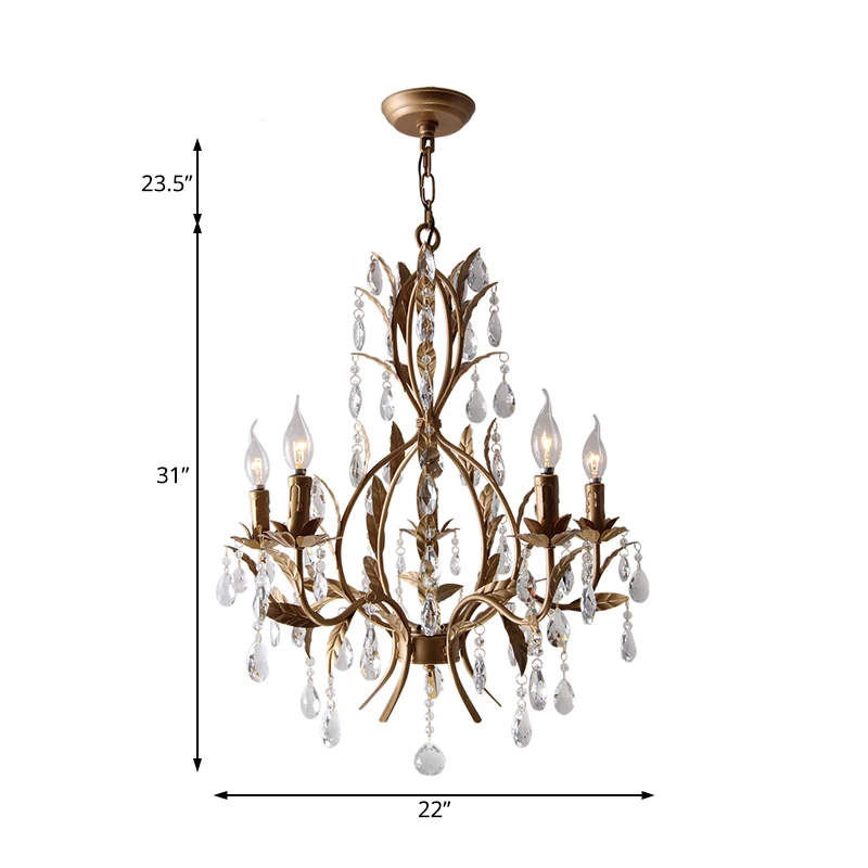 Lampe de lustre de bougie en laiton rétro 5 têtes suspension de plafond en métal avec larme de cristal Clearhalo