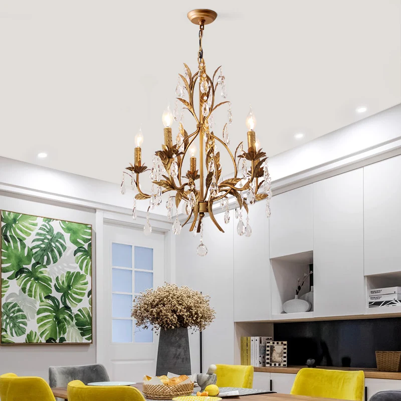 Lampe de lustre de bougie en laiton rétro 5 têtes suspension de plafond en métal avec larme de cristal Clearhalo