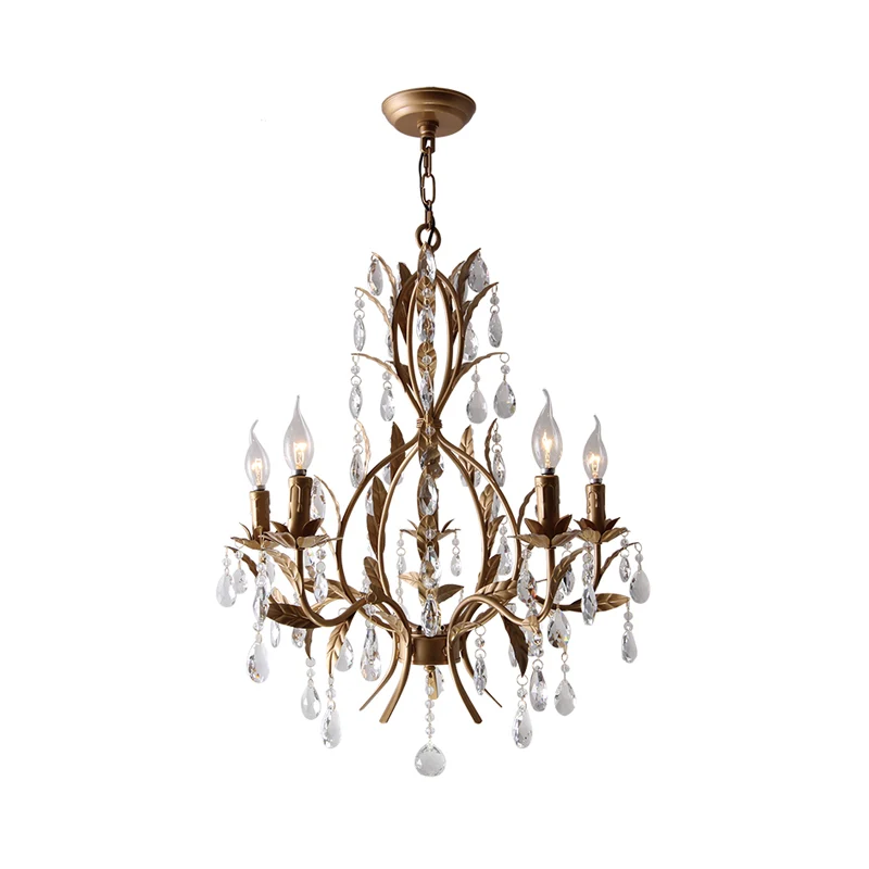 Lampe de lustre de bougie en laiton rétro 5 têtes suspension de plafond en métal avec larme de cristal Clearhalo