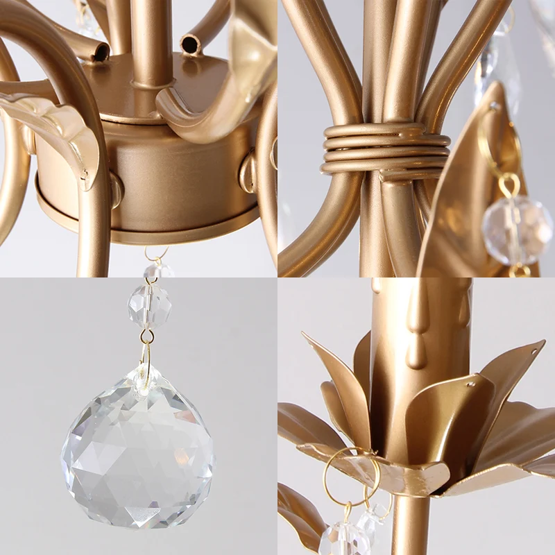 Lampe de lustre de bougie en laiton rétro 5 têtes suspension de plafond en métal avec larme de cristal Clearhalo
